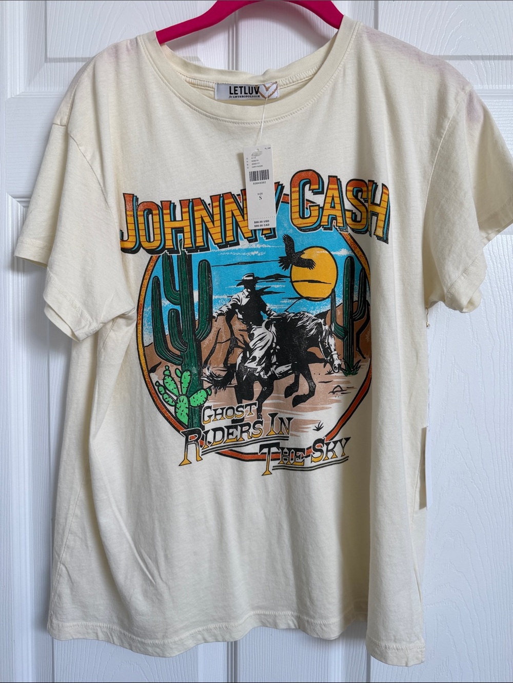 NWT LETLUV Size S Cream Johnny Cash Graphic Tee - Ghost Riders Design